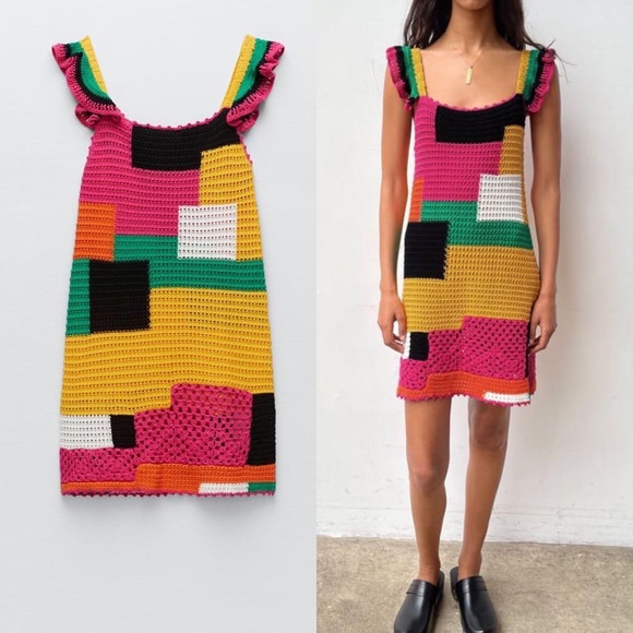 Zara patchwork color block limited edition crochet mini dress - Picture 1 of 8